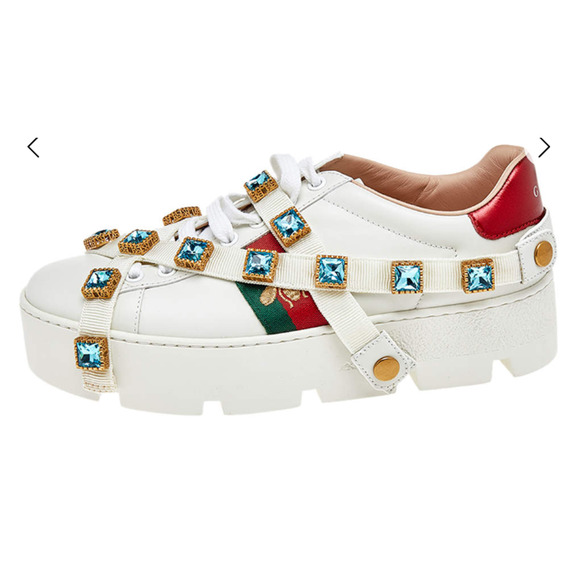 Gucci Calfskin Removable Crystals Bee Embroidered Ace Platform Shoes White EU 39 - Picture 1 of 7